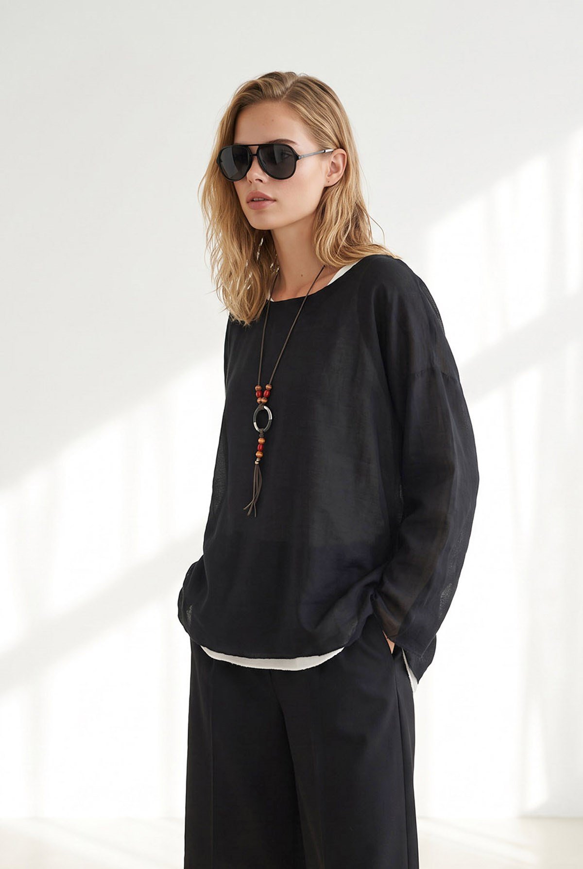 Boho Kolyeli 2 Li Loose Fit Bluz Siyah