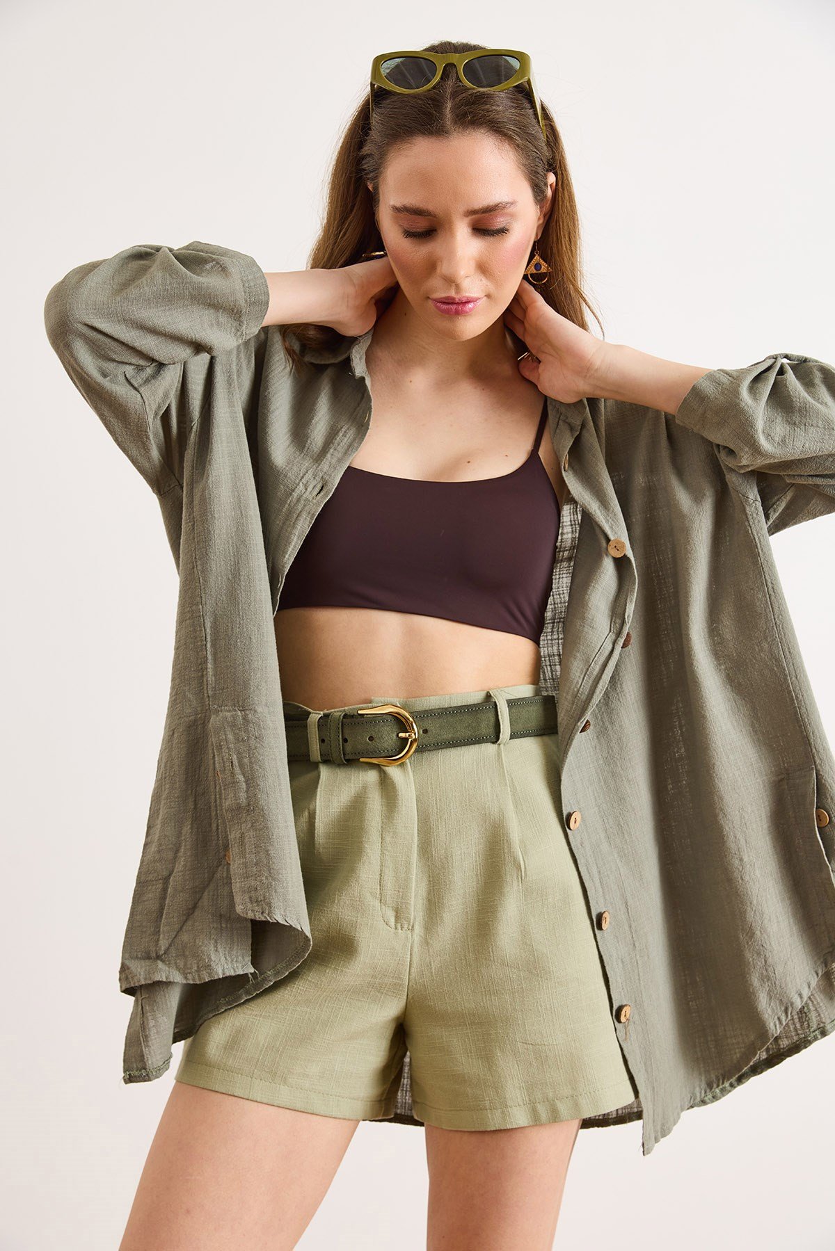 Boho Yanları Düğmeli Yıkamalı %100 Pamuk Loose Fit Gömlek Haki