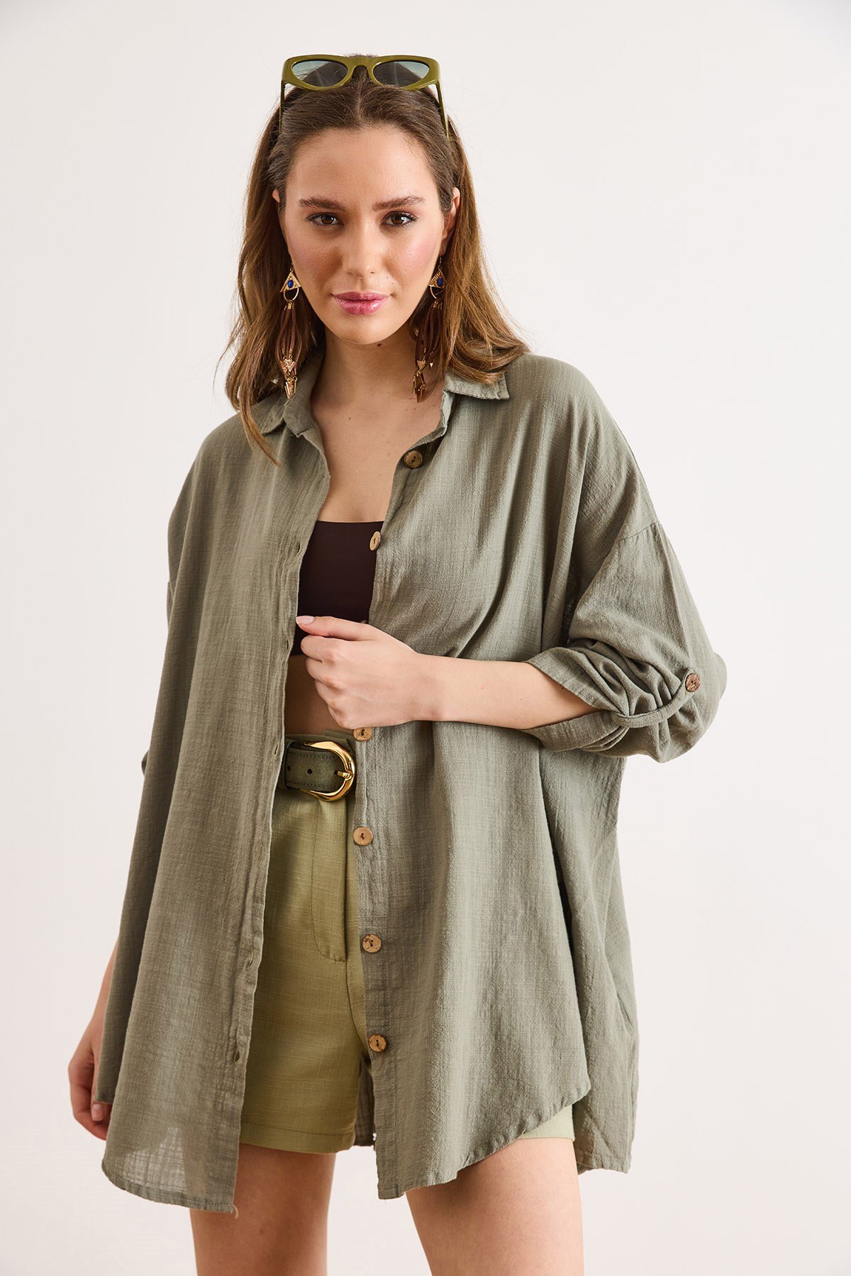 Boho Yanları Düğmeli Yıkamalı %100 Pamuk Loose Fit Gömlek Haki