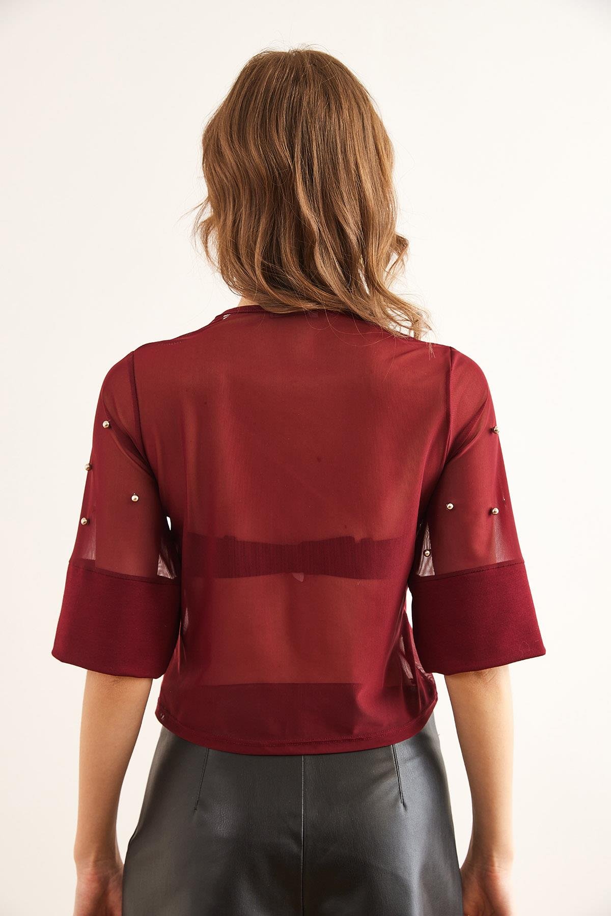 Boncuk Detaylı Transparan Bluz Bordo