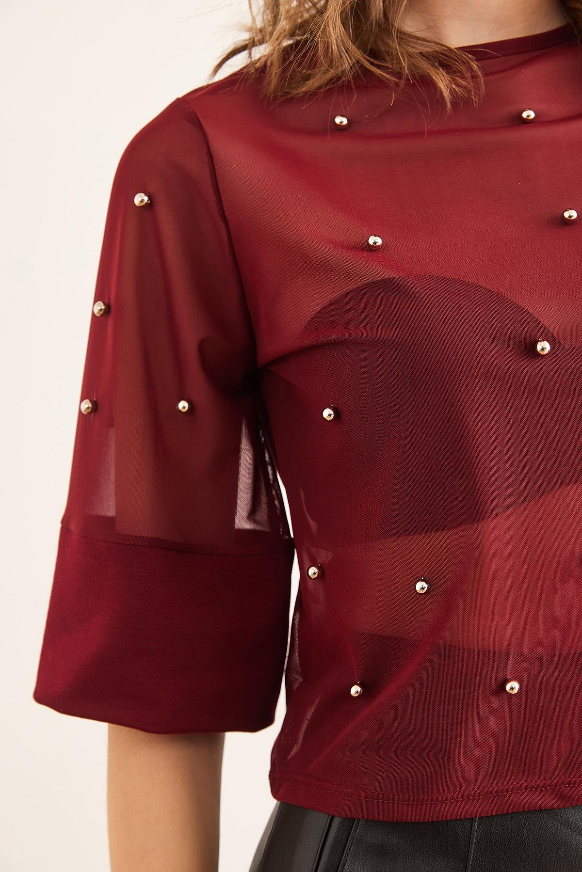 Boncuk Detaylı Transparan Bluz Bordo