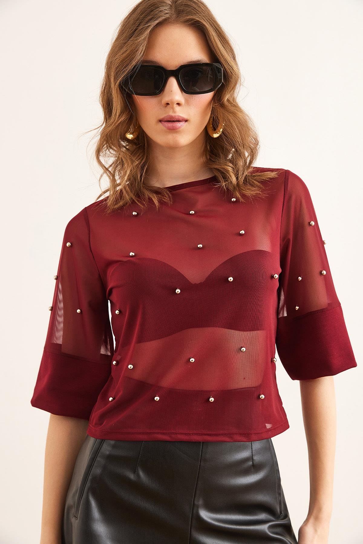 Boncuk Detaylı Transparan Bluz Bordo
