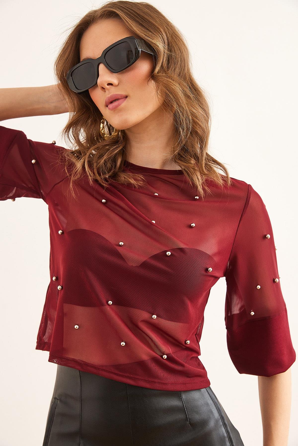 Boncuk Detaylı Transparan Bluz Bordo