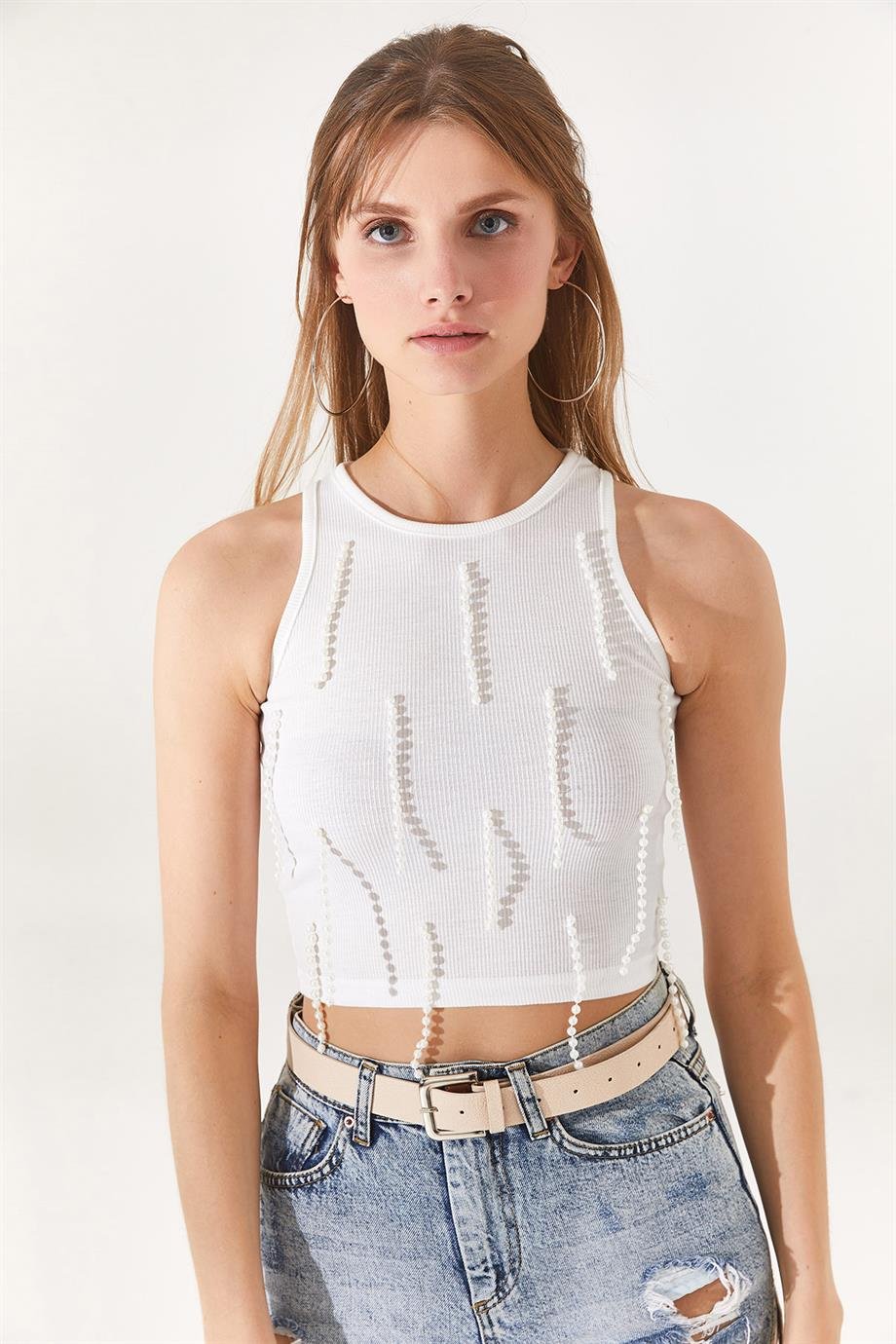 Boncuk Garnili Fitilli Crop Bluz Ekru