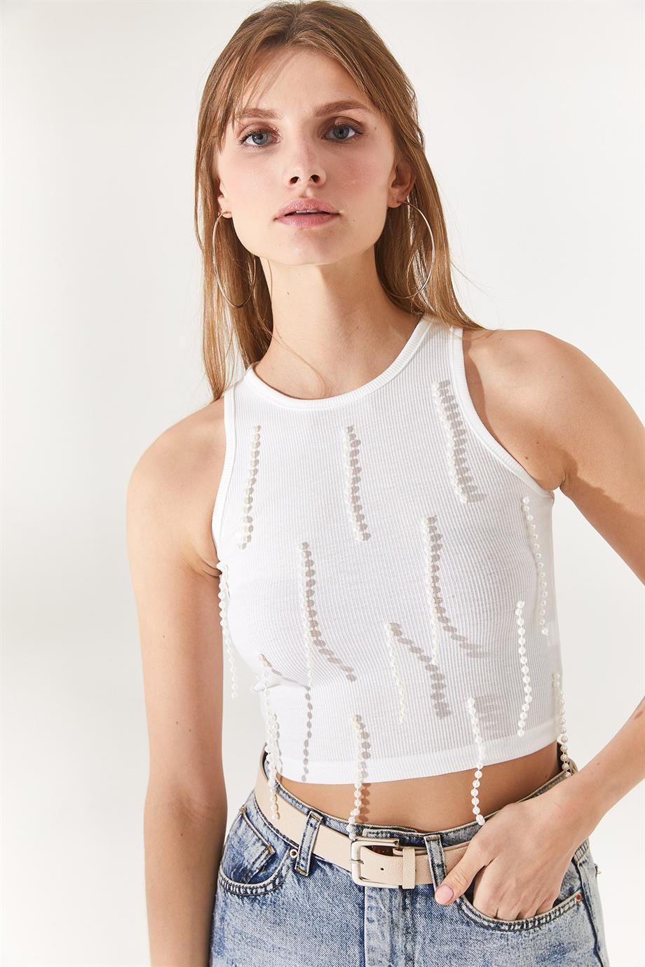 Boncuk Garnili Fitilli Crop Bluz Ekru