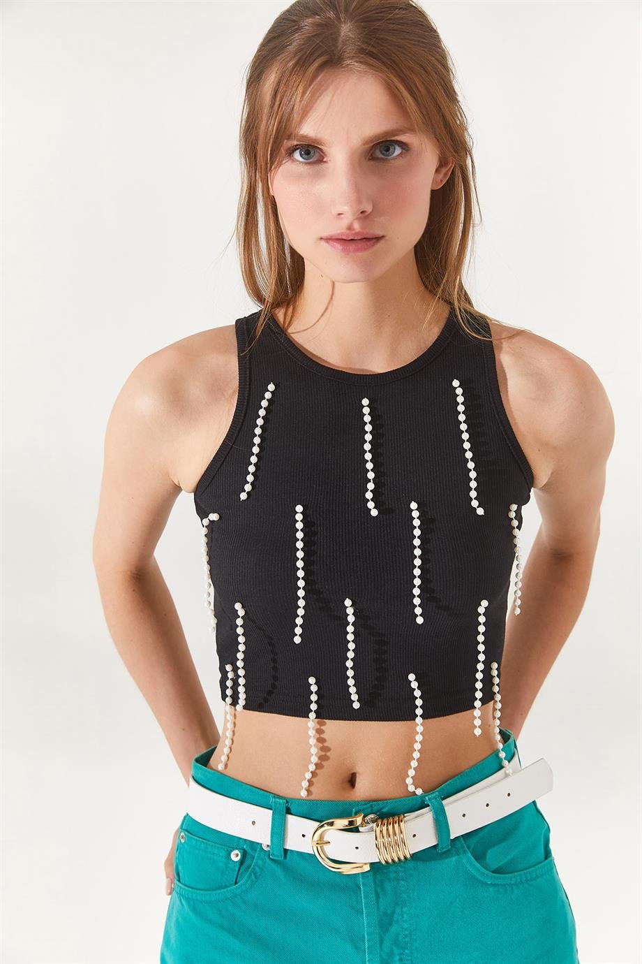 Boncuk Garnili Fitilli Crop Bluz Siyah