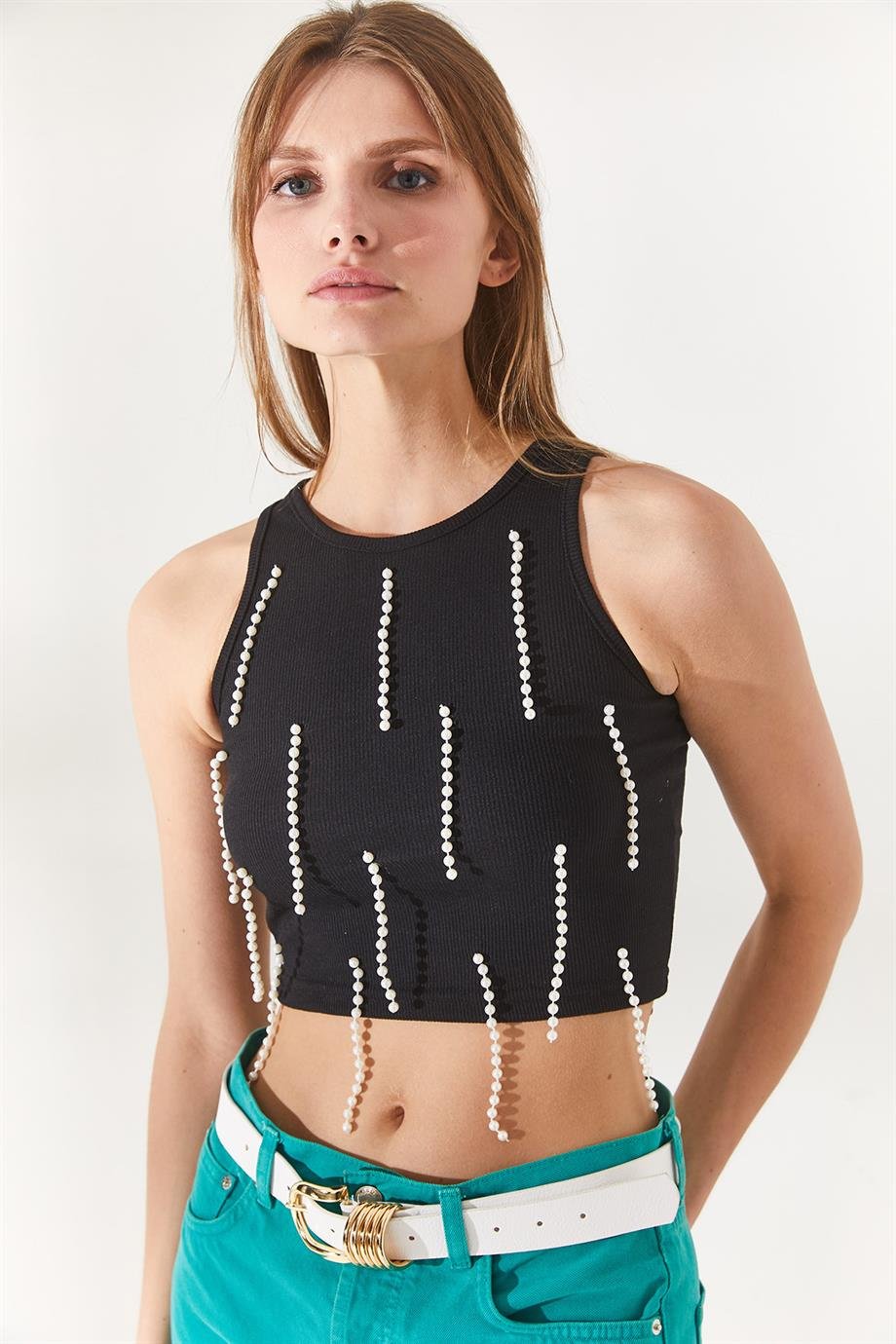Boncuk Garnili Fitilli Crop Bluz Siyah