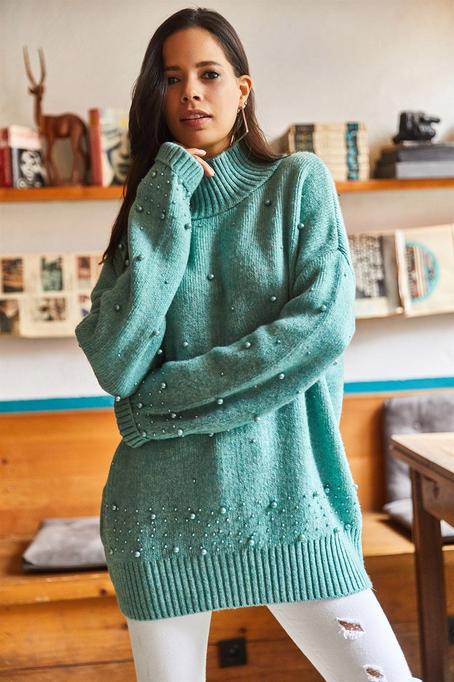 Boncuk Garnili Yumuşak Dokulu Oversize Triko Kazak Mint Yeşili