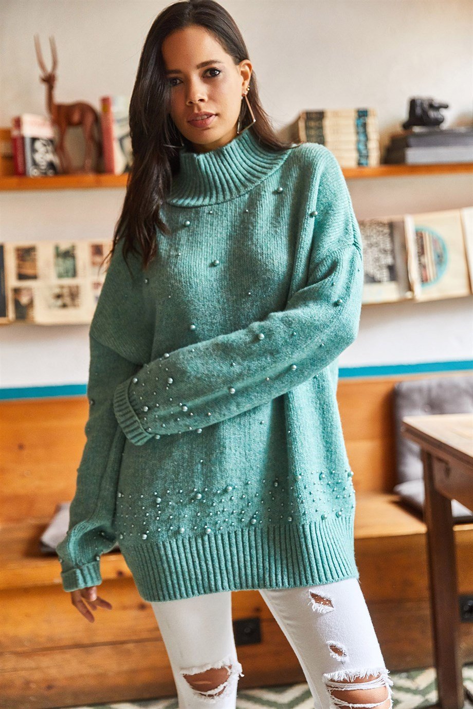 Boncuk Garnili Yumuşak Dokulu Oversize Triko Kazak Mint Yeşili
