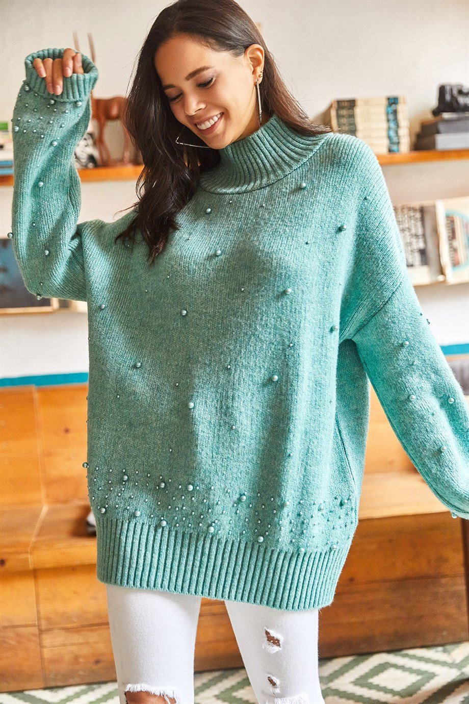 Boncuk Garnili Yumuşak Dokulu Oversize Triko Kazak Mint Yeşili