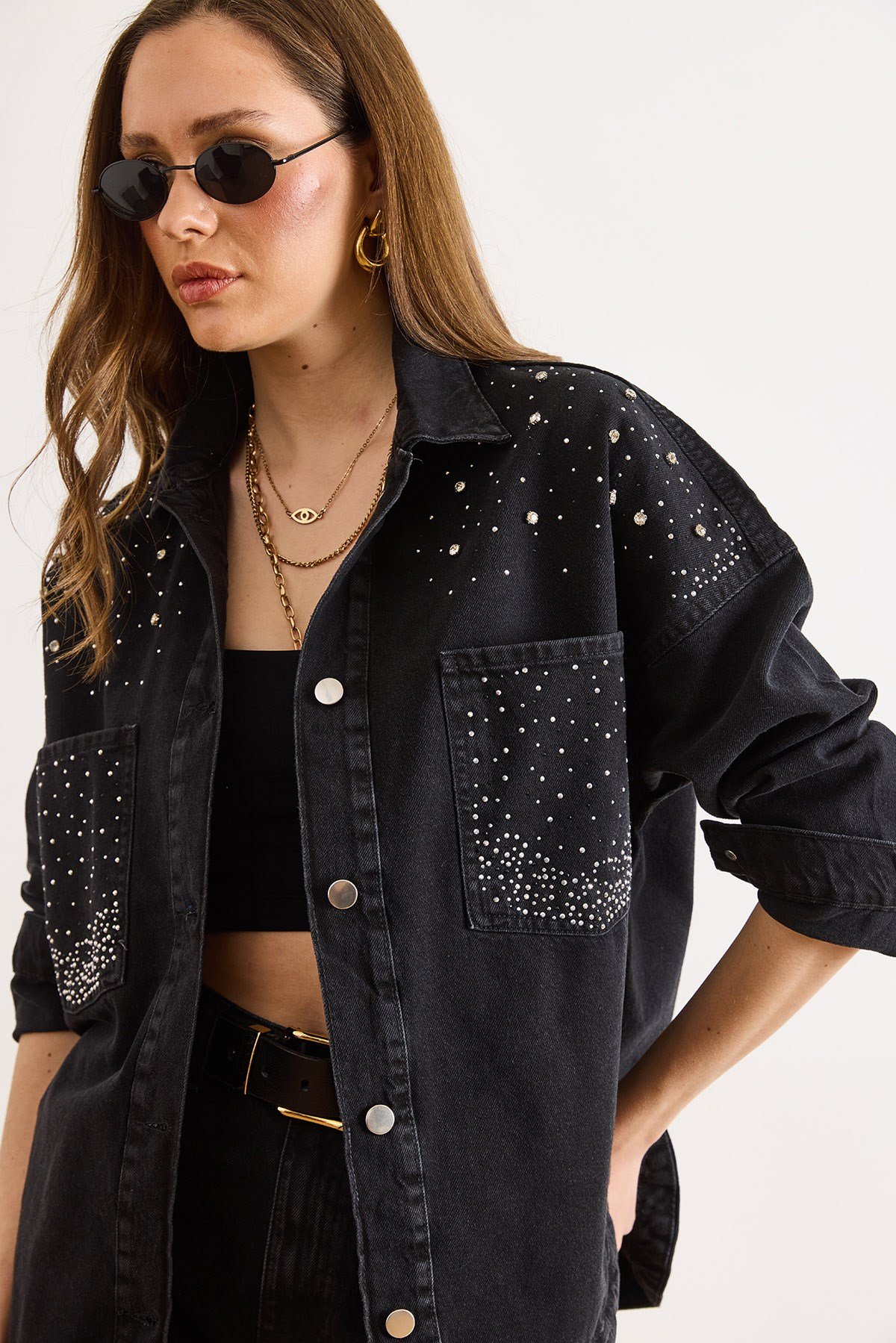 Boncuk ve Taş Detaylı Oversize Denim Ceket Siyah