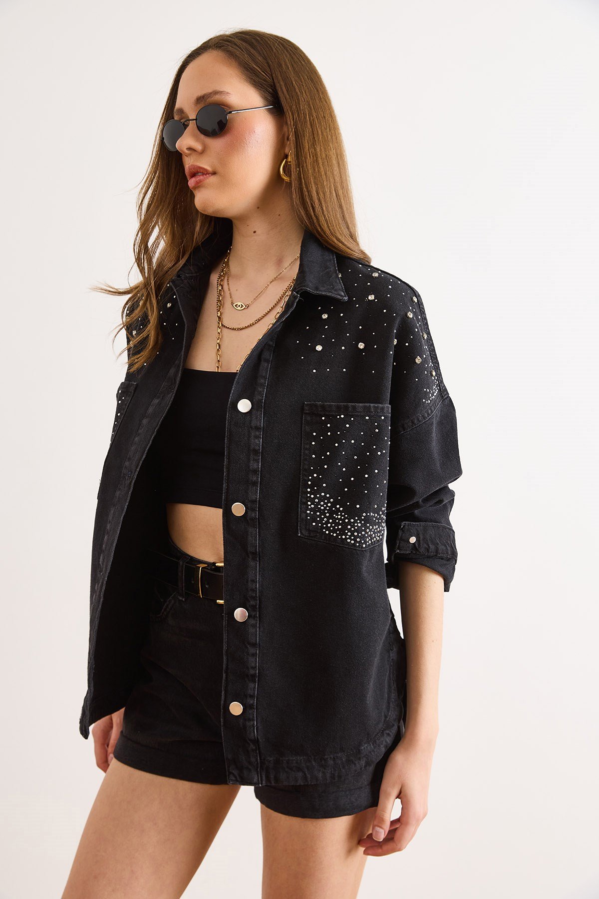 Boncuk ve Taş Detaylı Oversize Denim Ceket Siyah