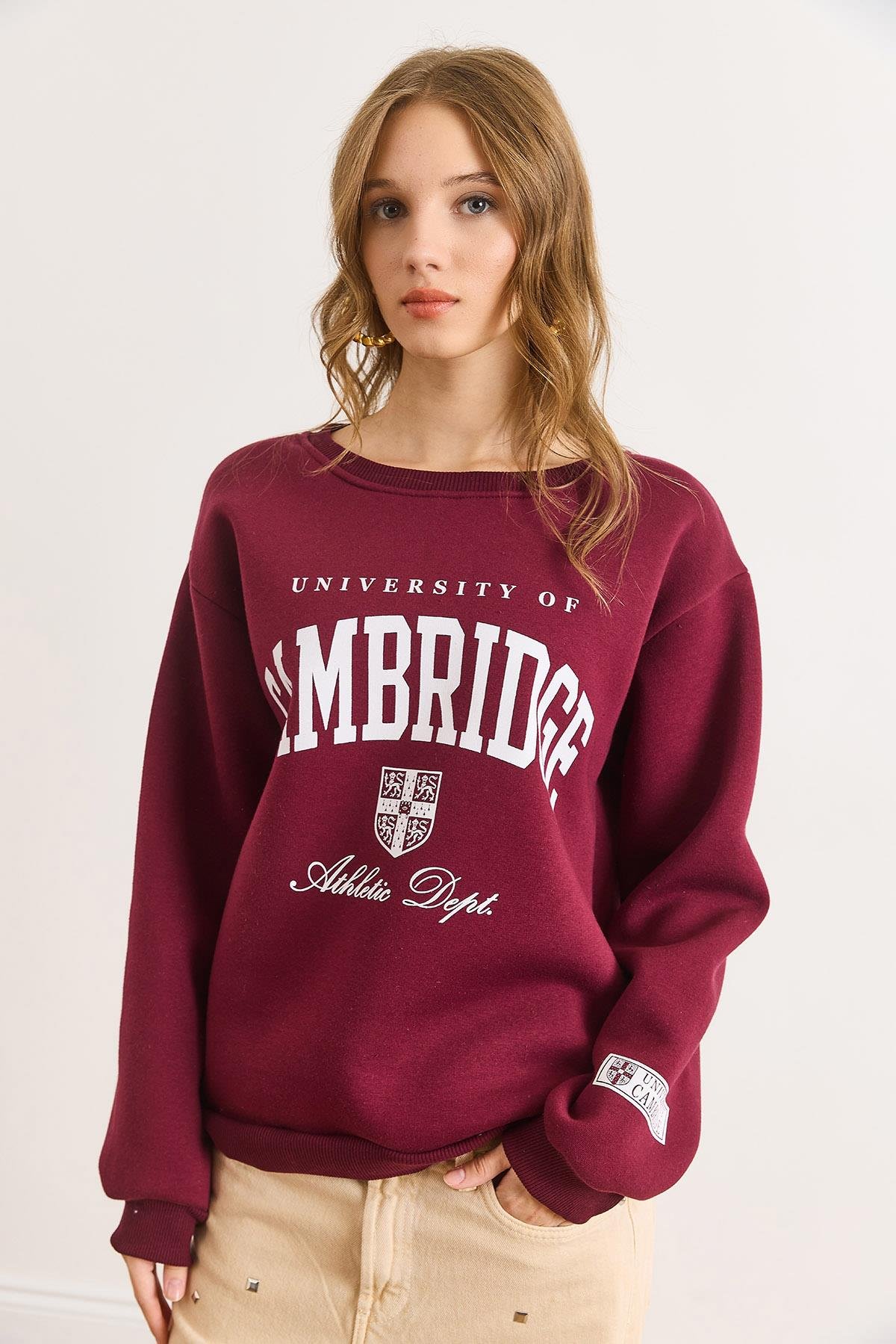 Cambridge Baskılı Şardonlu Kalın Sweatshirt Bordo