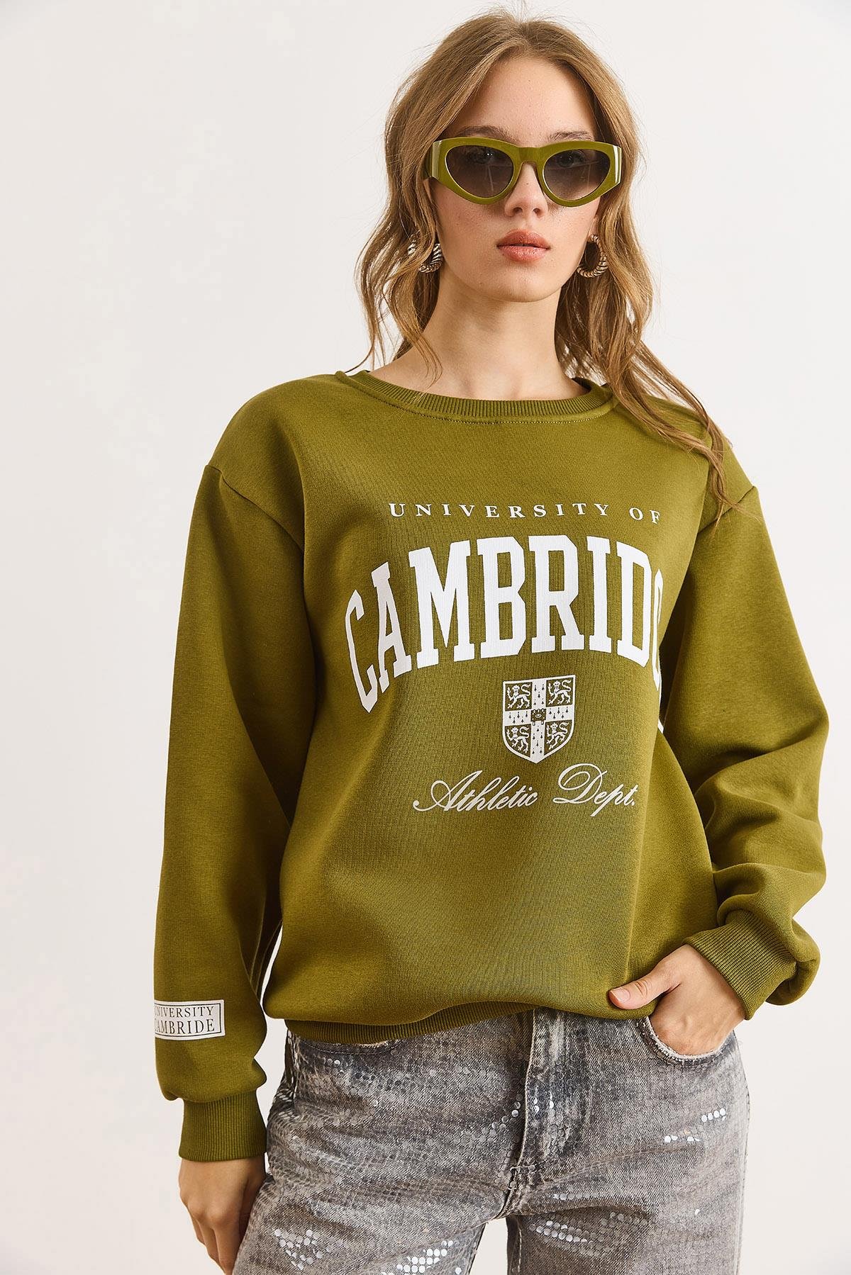 Cambridge Baskılı Şardonlu Kalın Sweatshirt Yağ Yeşili