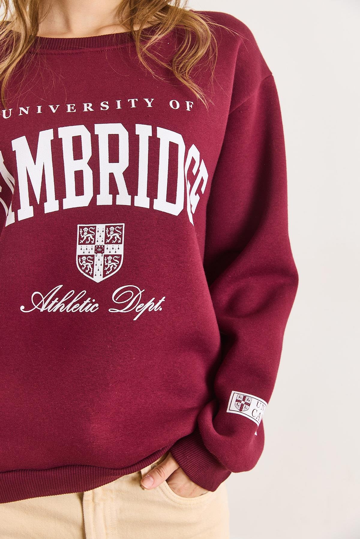 Cambridge Baskılı Şardonlu Kalın Sweatshirt Bordo
