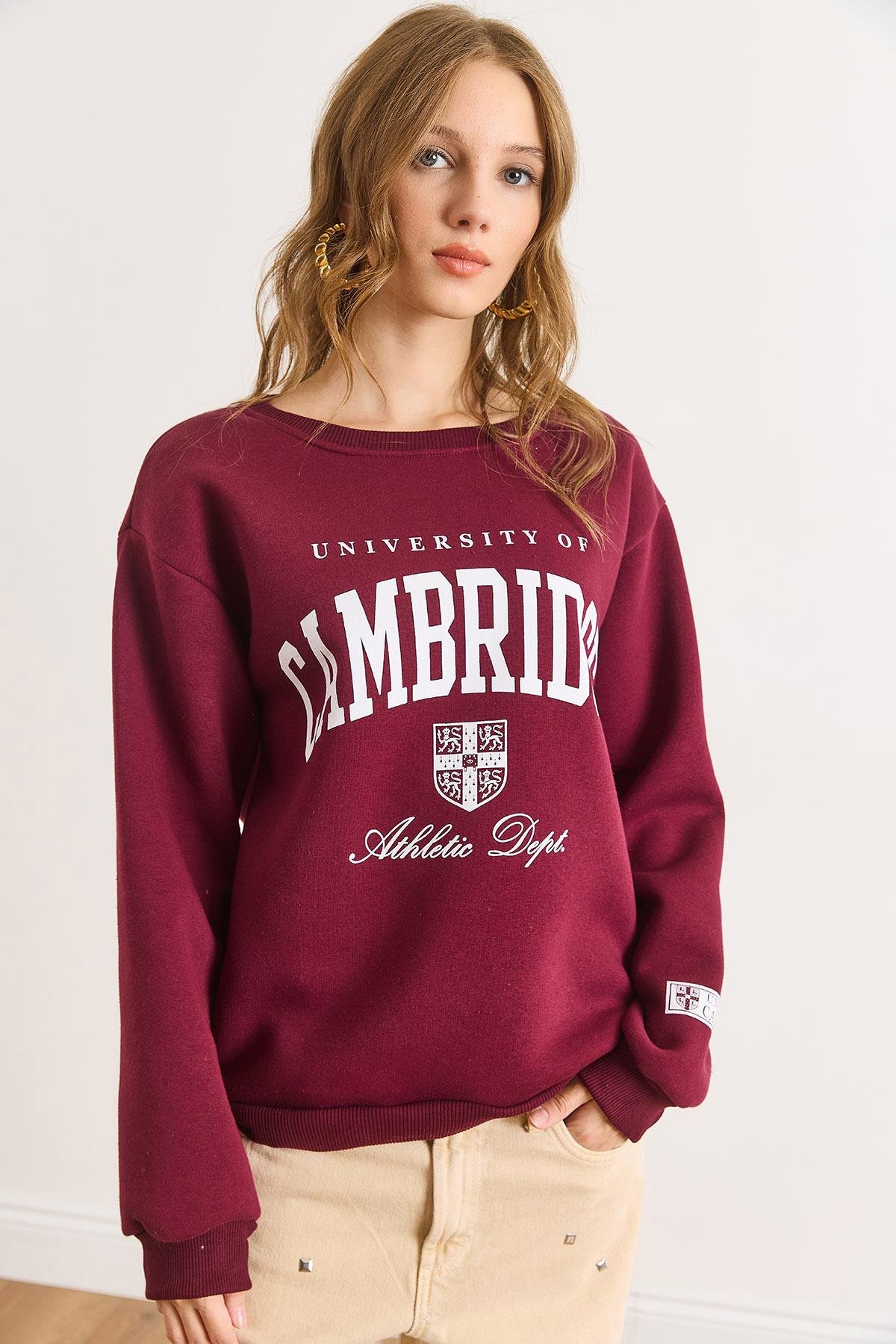 Cambridge Baskılı Şardonlu Kalın Sweatshirt Bordo