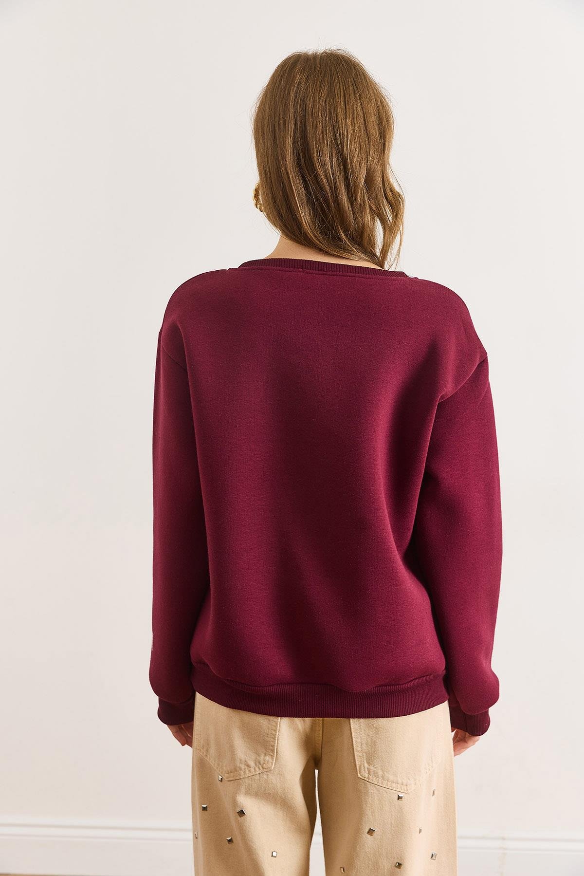 Cambridge Baskılı Şardonlu Kalın Sweatshirt Bordo