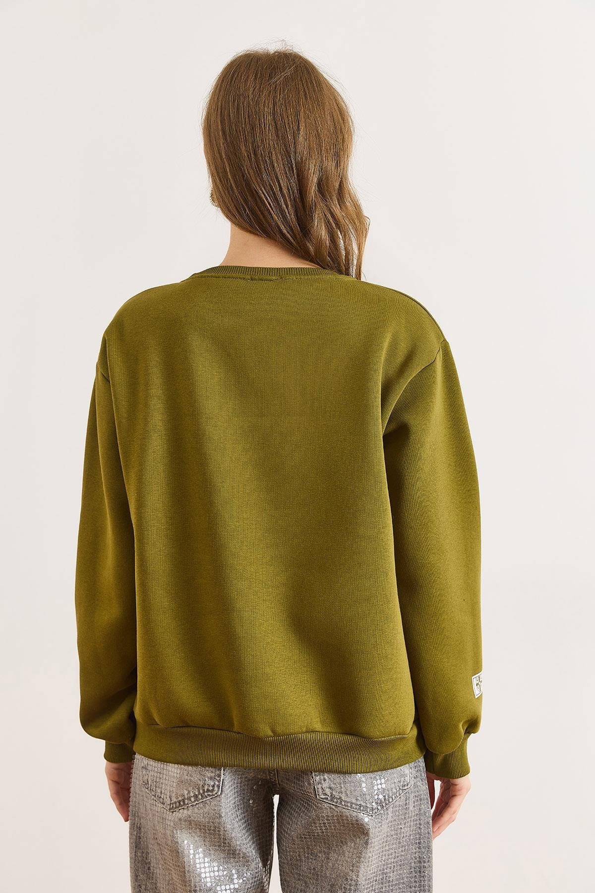 Cambridge Baskılı Şardonlu Kalın Sweatshirt Yağ Yeşili