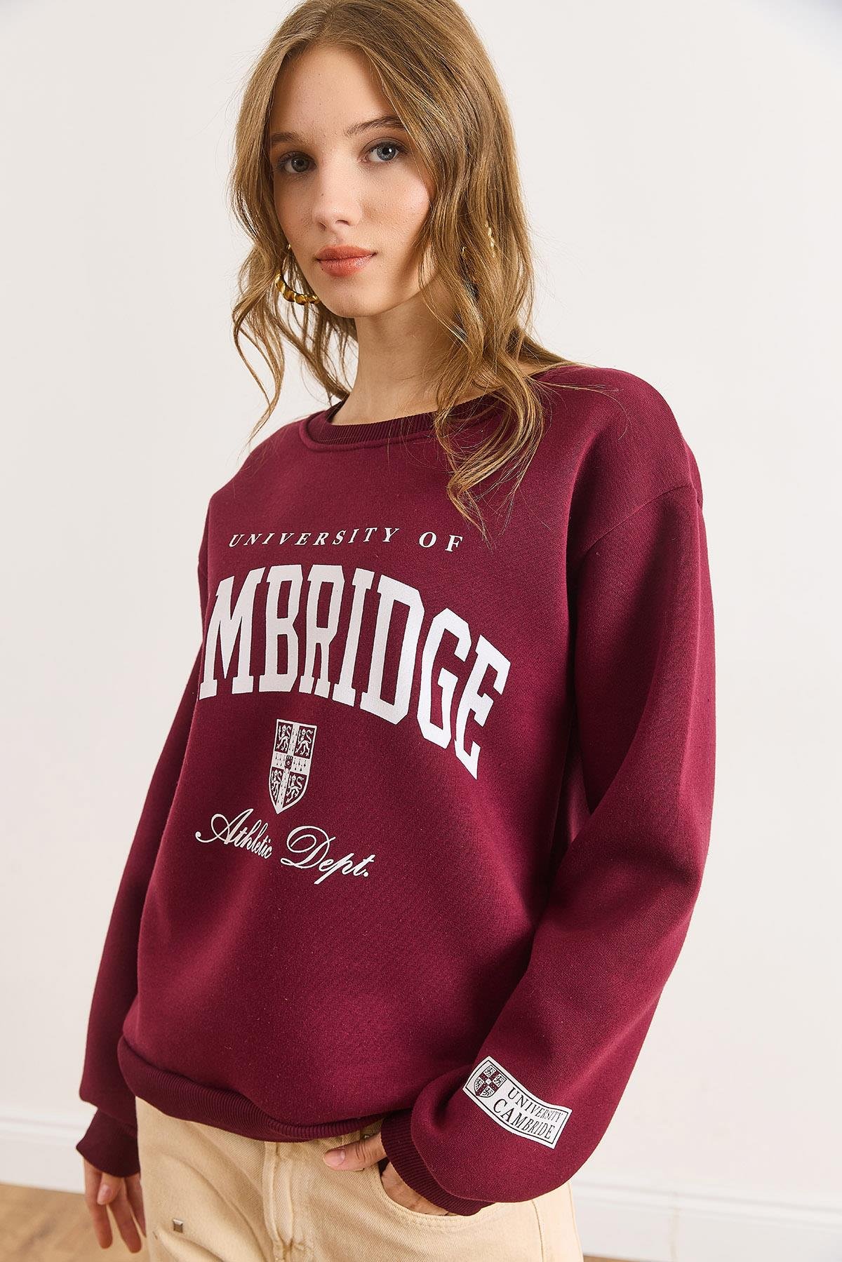 Cambridge Baskılı Şardonlu Kalın Sweatshirt Bordo