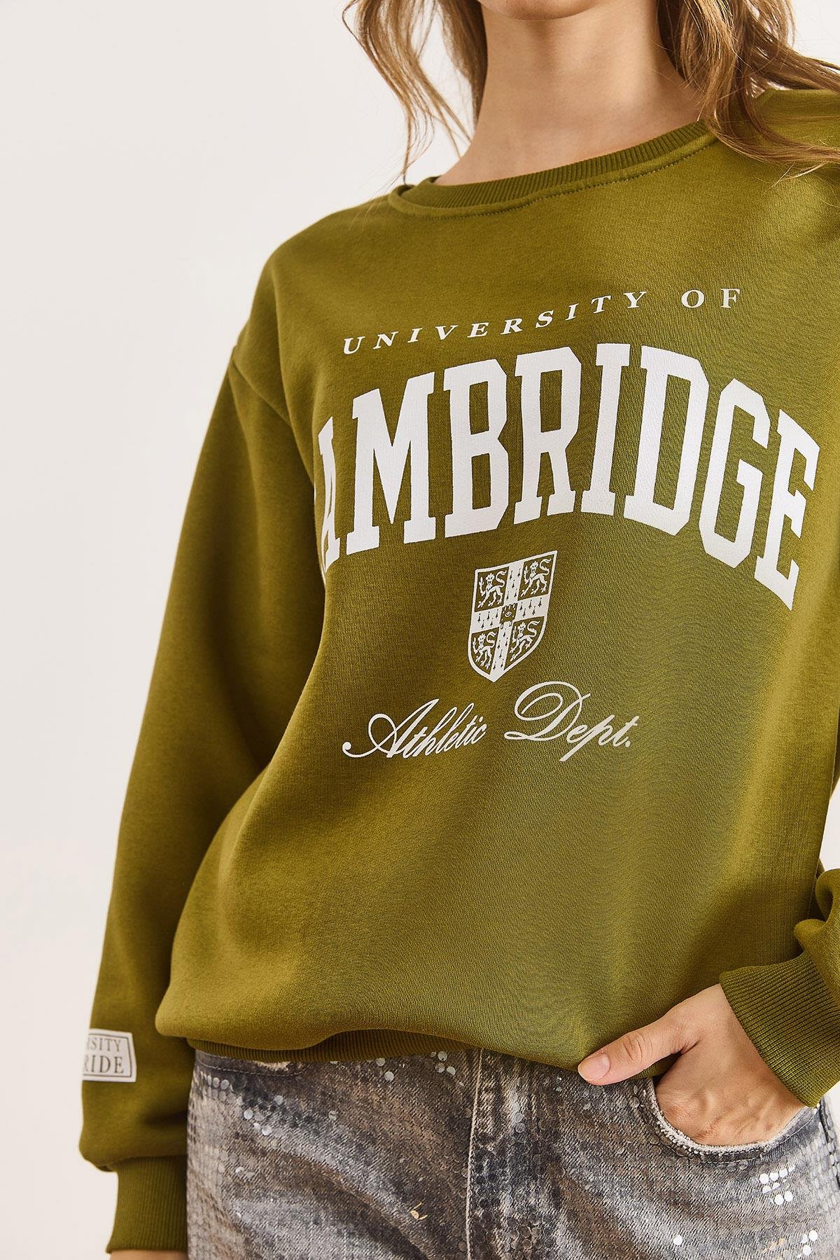 Cambridge Baskılı Şardonlu Kalın Sweatshirt Yağ Yeşili