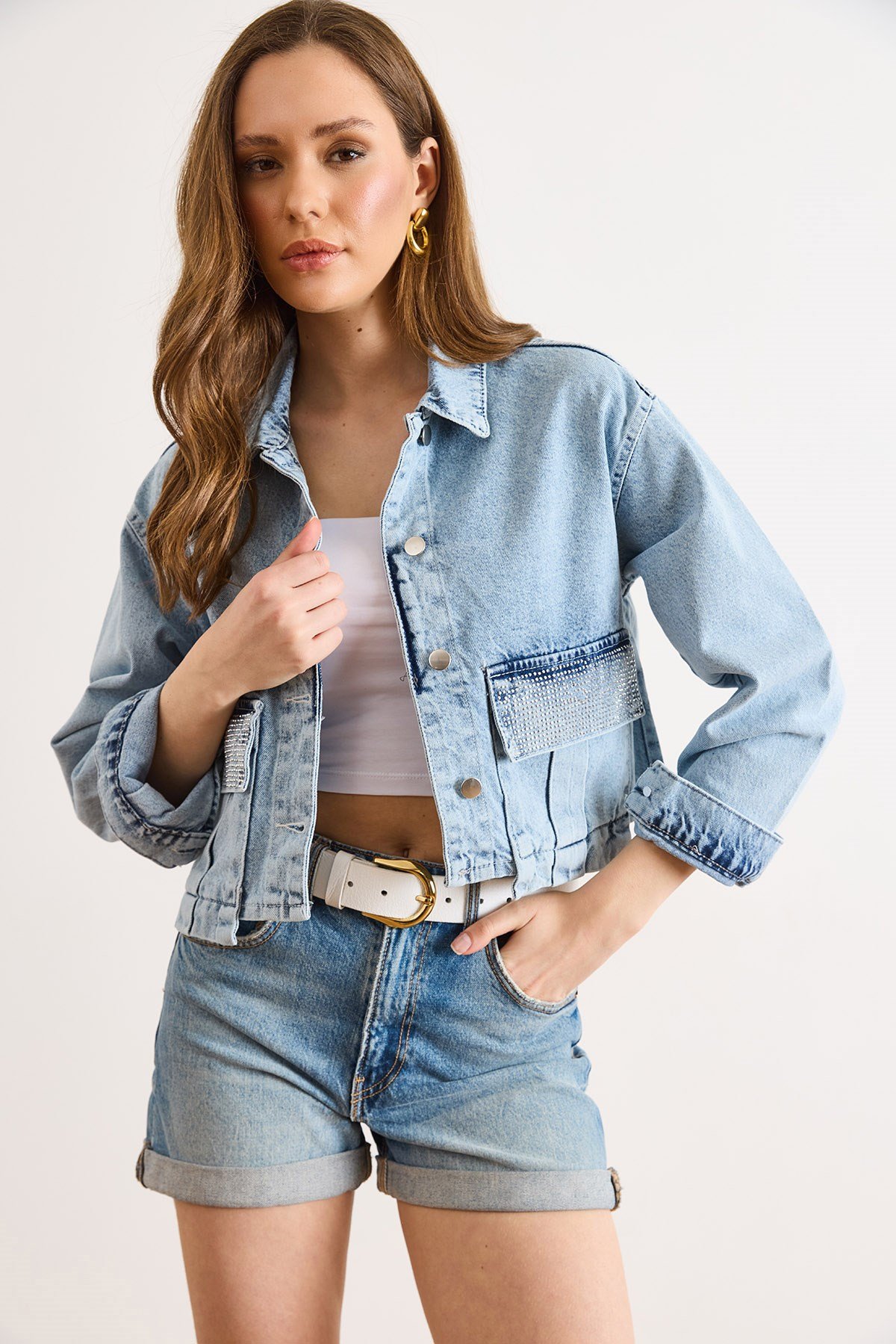 Cep Taş Detaylı Crop Denim Ceket Mavi
