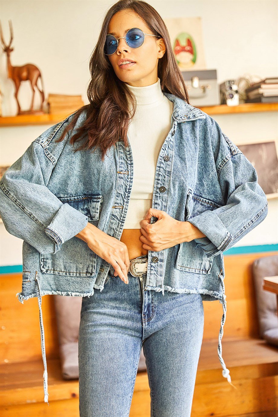 Cepli Altı Büzgülü Oversize Denim Ceket Mavi Kar Yıkamalı