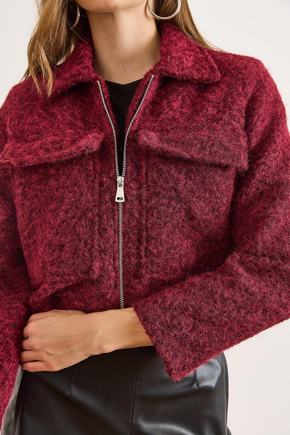 Cepli Astarlı Şardonlu Kaşe Ceket Bordo