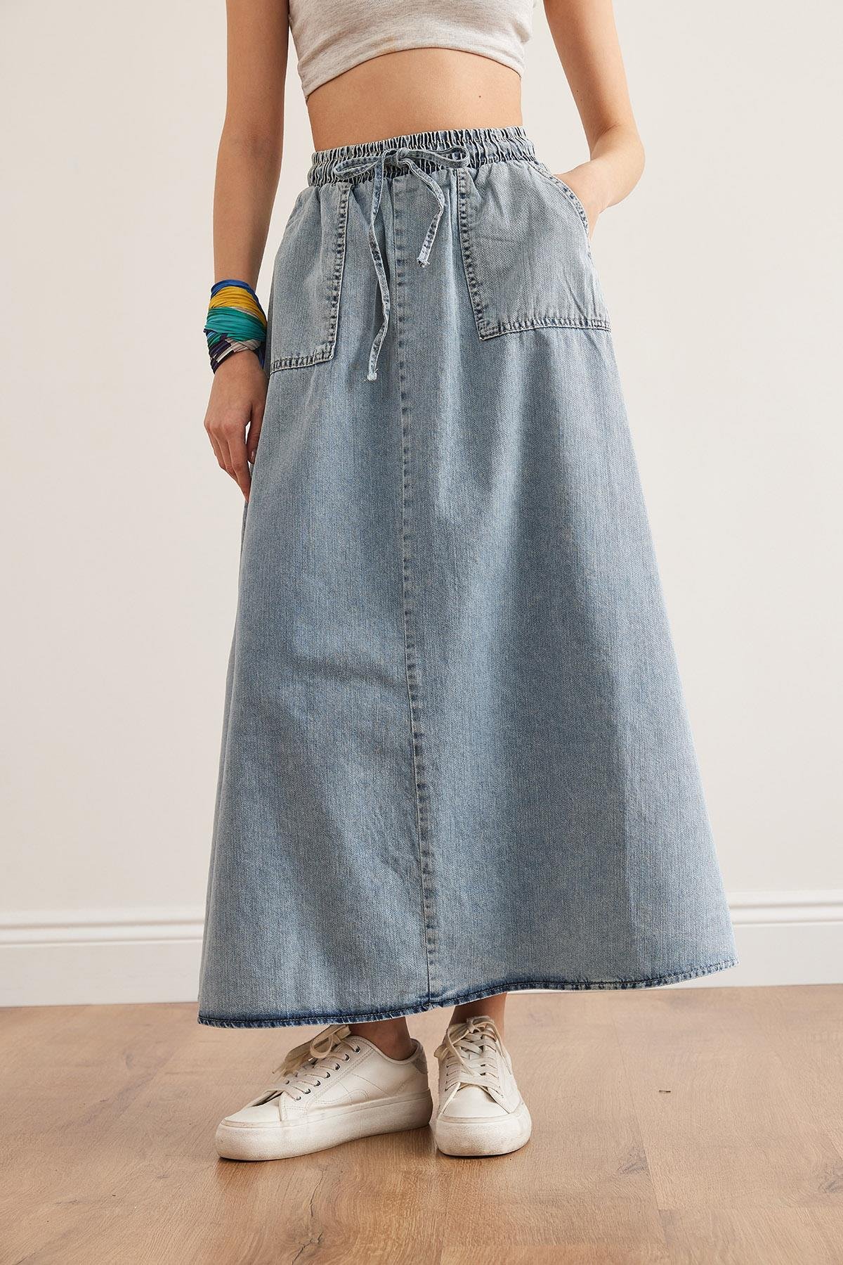 Cepli Bağcıklı Maxi Denim Etek Mavi