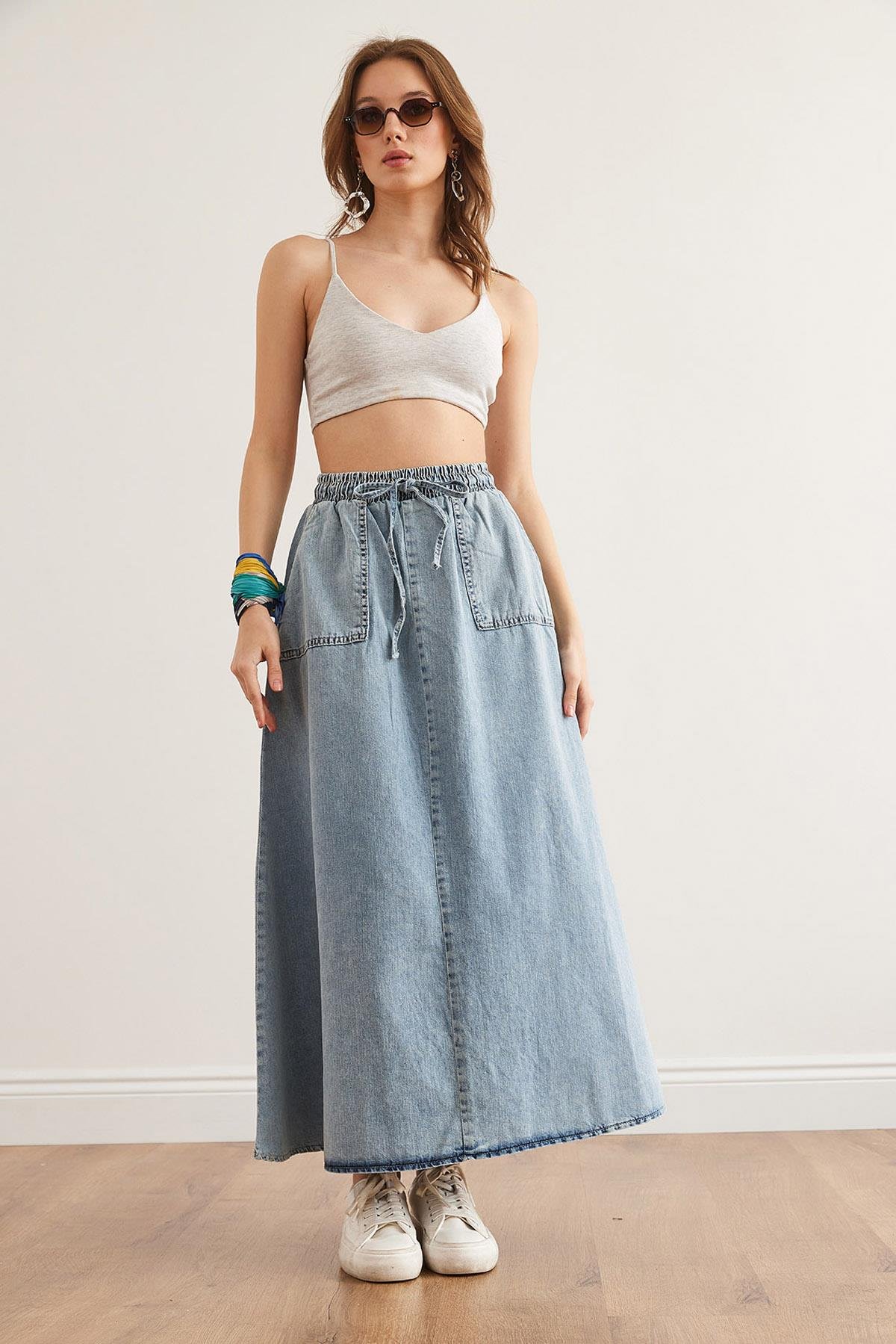 Cepli Bağcıklı Maxi Denim Etek Mavi