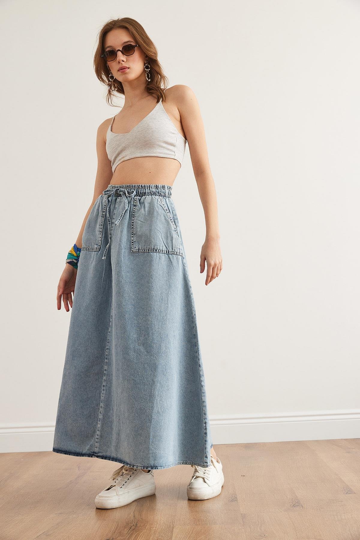 Cepli Bağcıklı Maxi Denim Etek Mavi