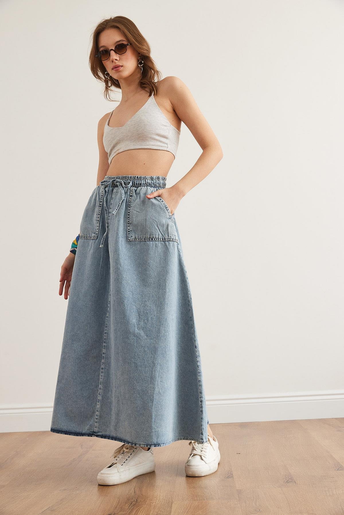 Cepli Bağcıklı Maxi Denim Etek Mavi