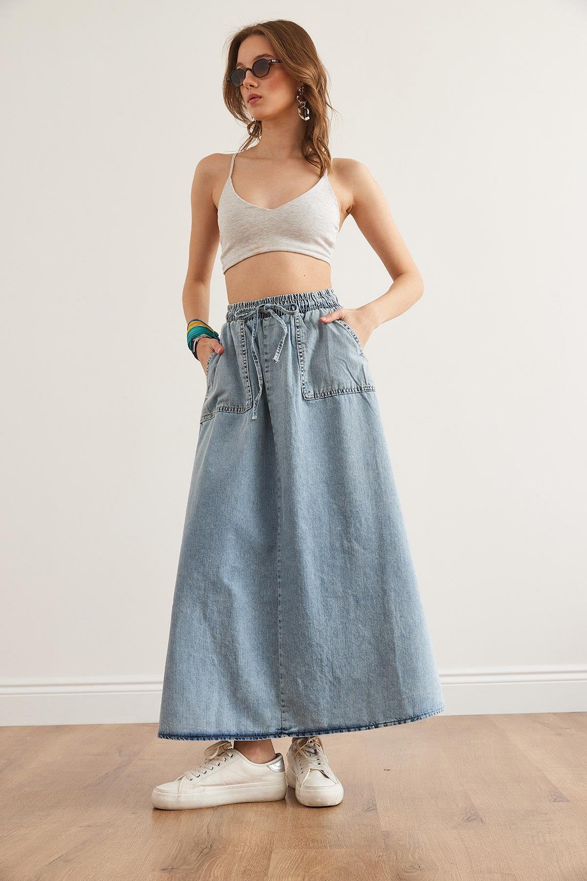 Cepli Bağcıklı Maxi Denim Etek Mavi