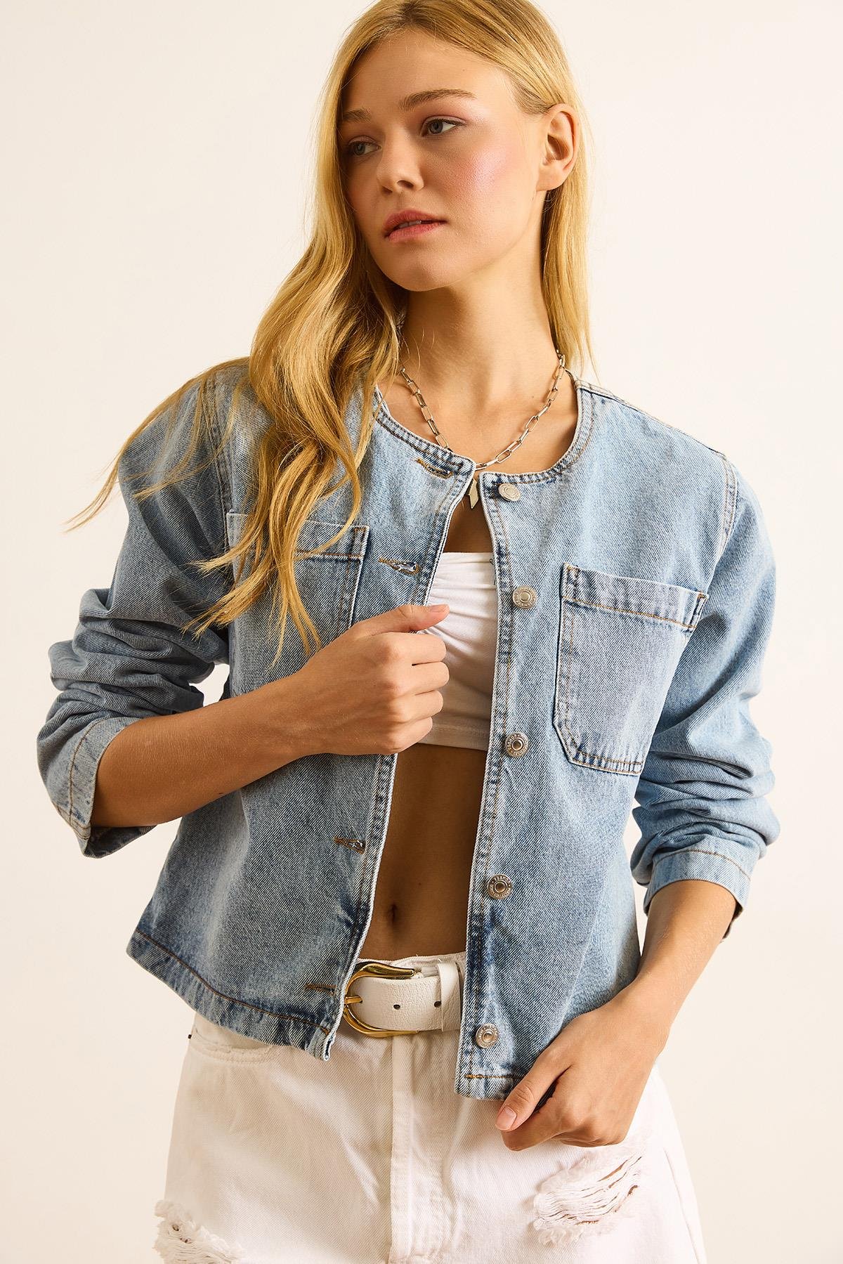 Cepli Bisiklet Yaka Denim Ceket Mavi