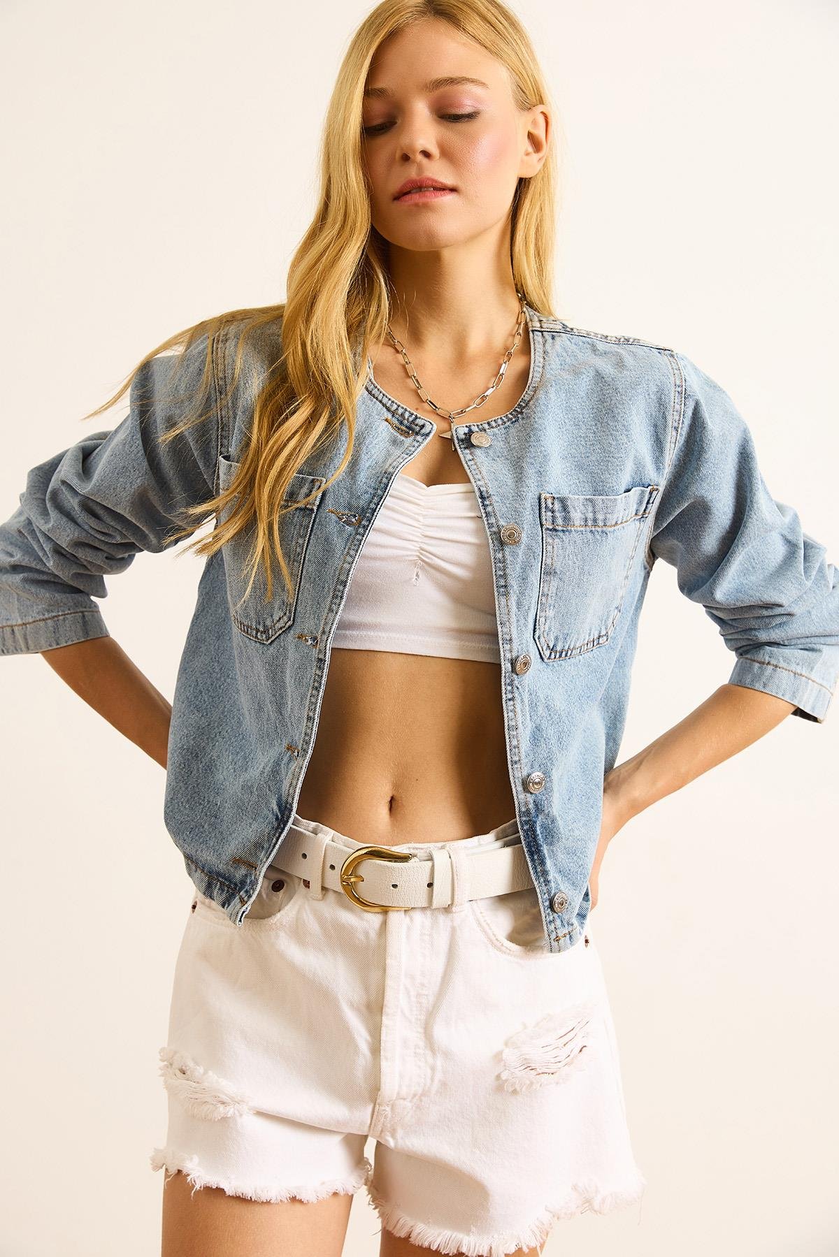Cepli Bisiklet Yaka Denim Ceket Mavi