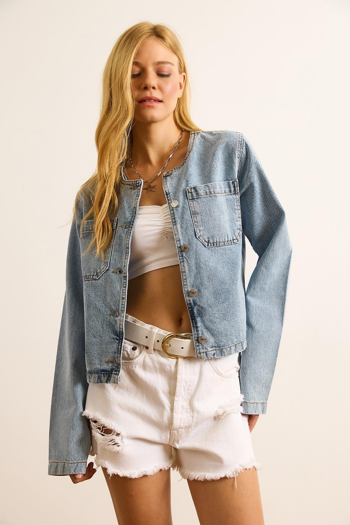 Cepli Bisiklet Yaka Denim Ceket Mavi