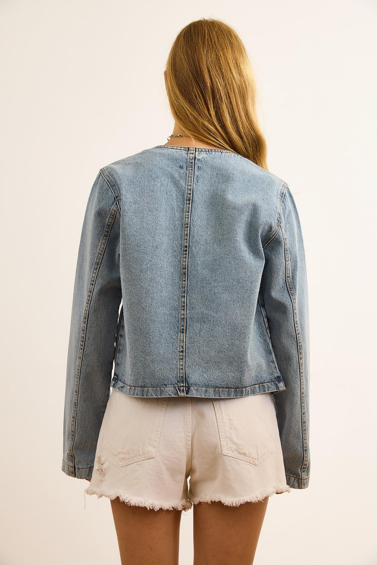 Cepli Bisiklet Yaka Denim Ceket Mavi