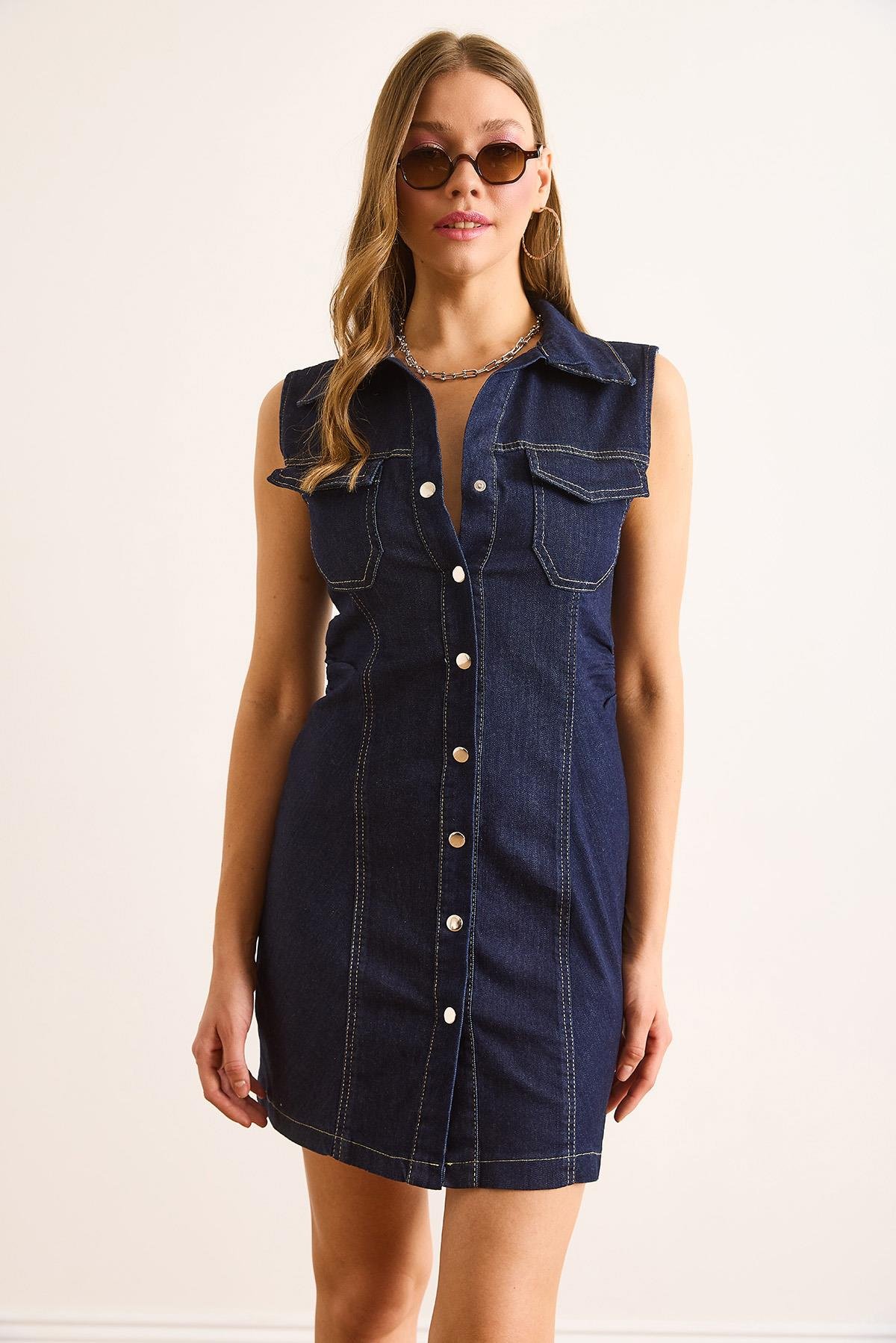Cepli Çıtçıtlı Mini Denim Elbise Lacivert