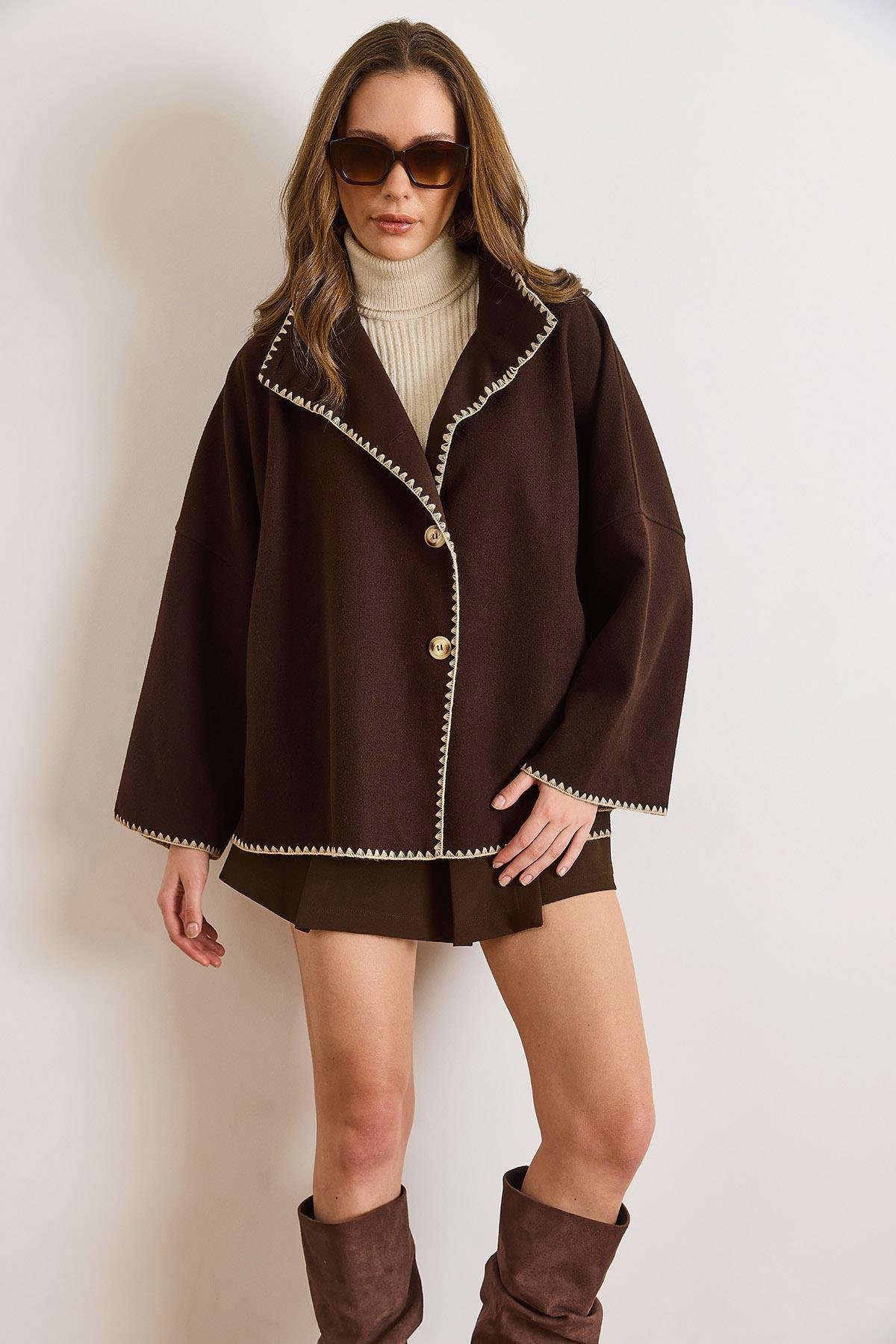 Cepli Çoban Dikişli Astarsız Oversize Kaşe Ceket Kahverengi