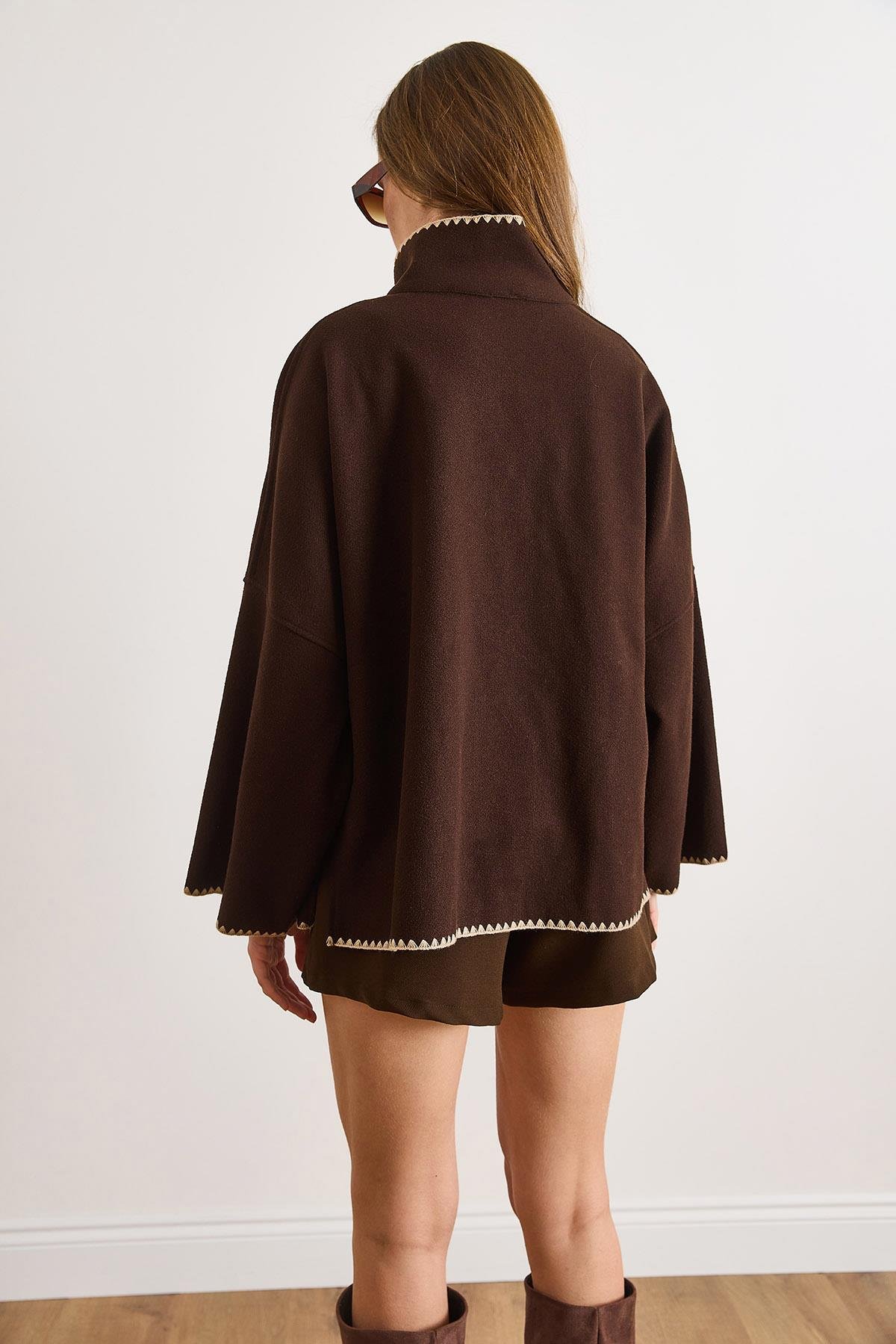 Cepli Çoban Dikişli Astarsız Oversize Kaşe Ceket Kahverengi