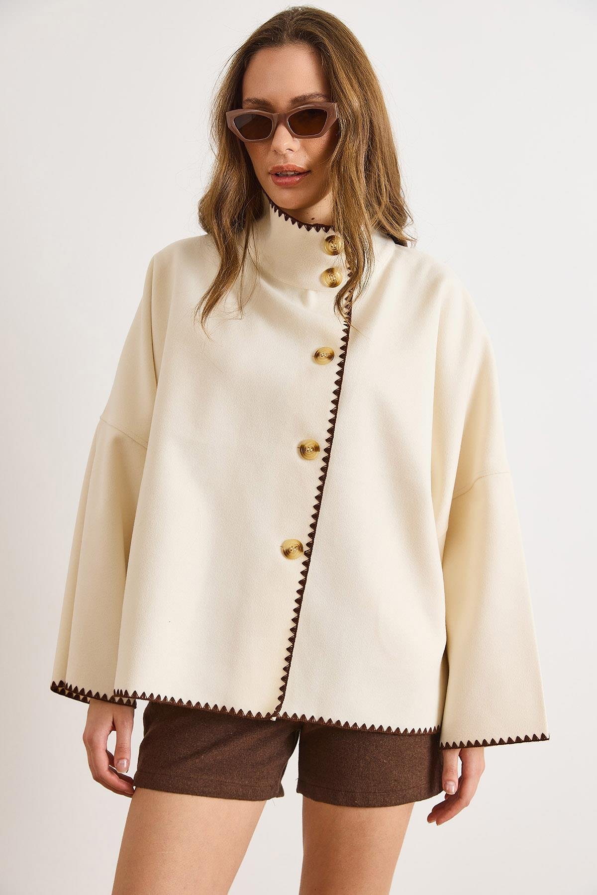 Cepli Çoban Dikişli Astarsız Oversize Kaşe Ceket Ekru
