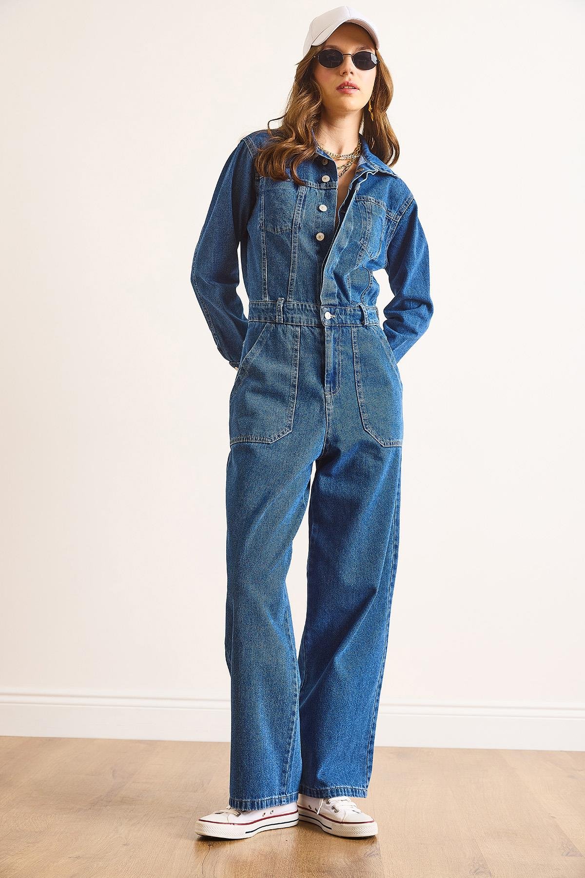 Cepli Denim Tulum Koyu Mavi