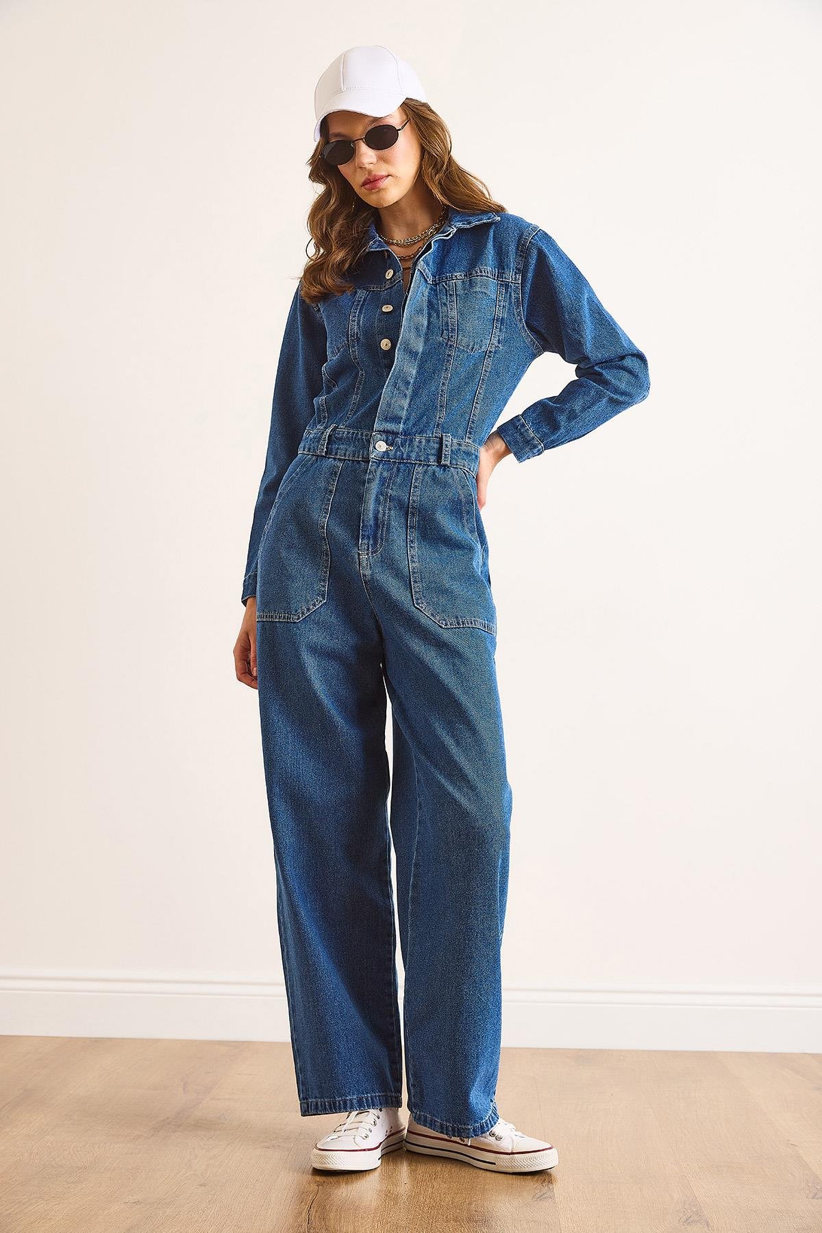 Cepli Denim Tulum Koyu Mavi