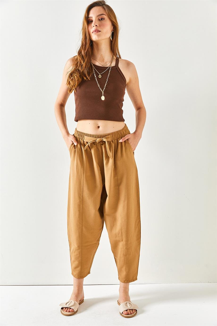 Cepli Dikiş Detaylı Keten Şalvar Pantolon Camel