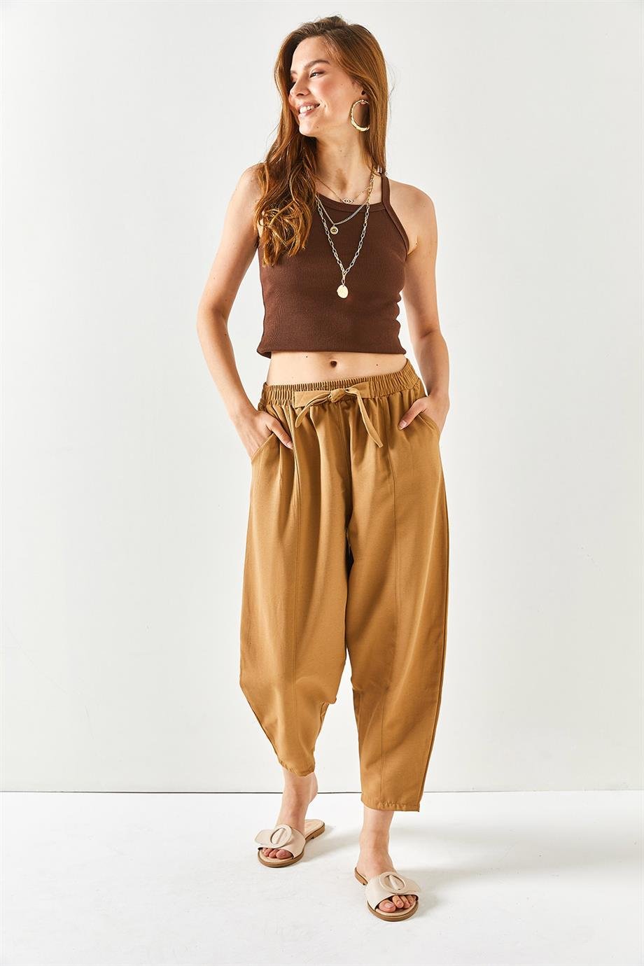 Cepli Dikiş Detaylı Keten Şalvar Pantolon Camel