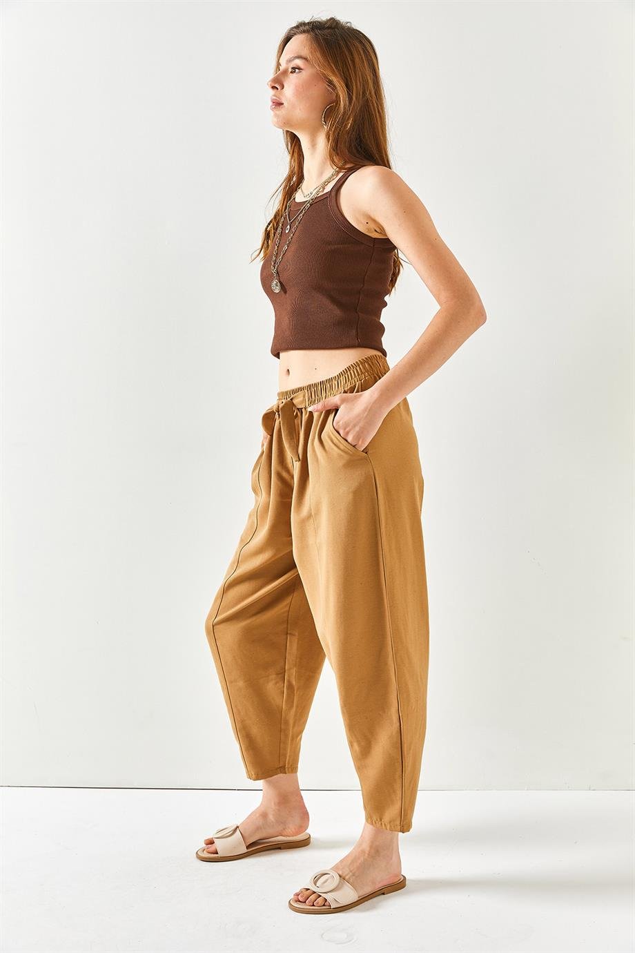 Cepli Dikiş Detaylı Keten Şalvar Pantolon Camel
