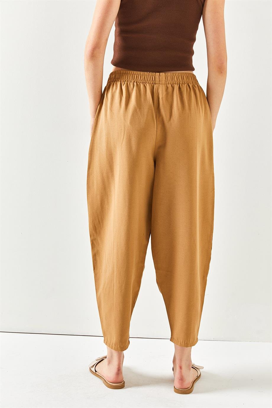 Cepli Dikiş Detaylı Keten Şalvar Pantolon Camel