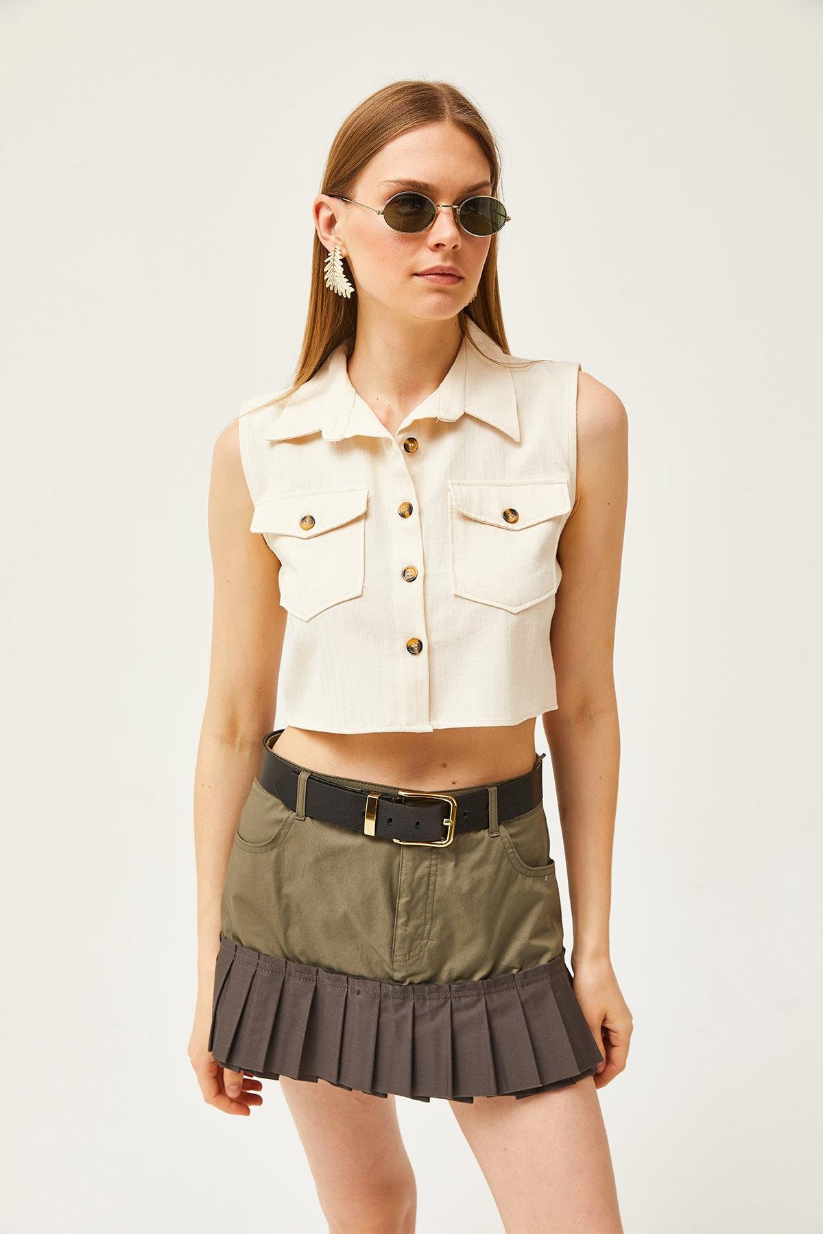 Cepli Düğmeli Crop Gabardin Gömlek Taş