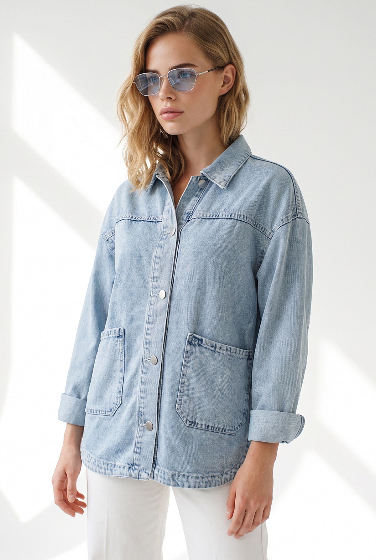 Cepli Düğmeli Denim Ceket Mavi