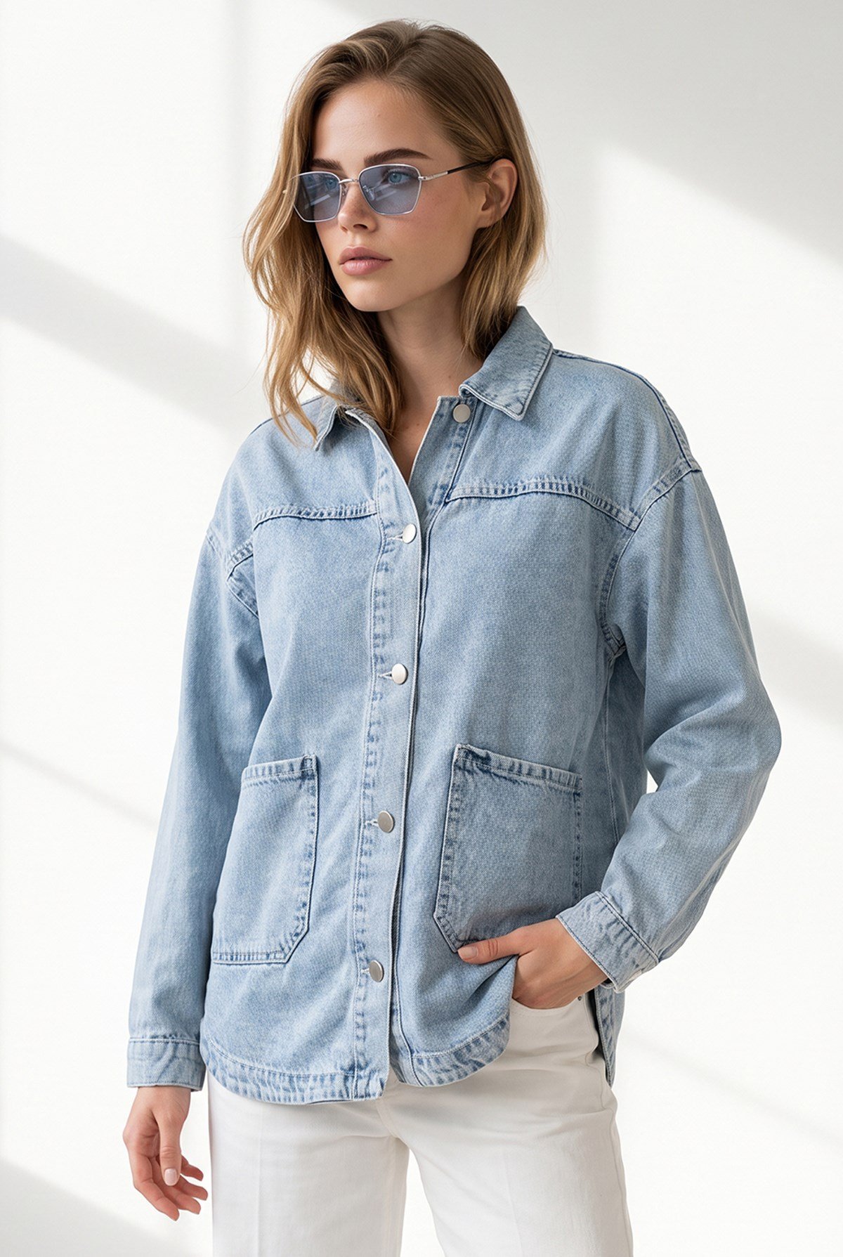Cepli Düğmeli Denim Ceket Mavi