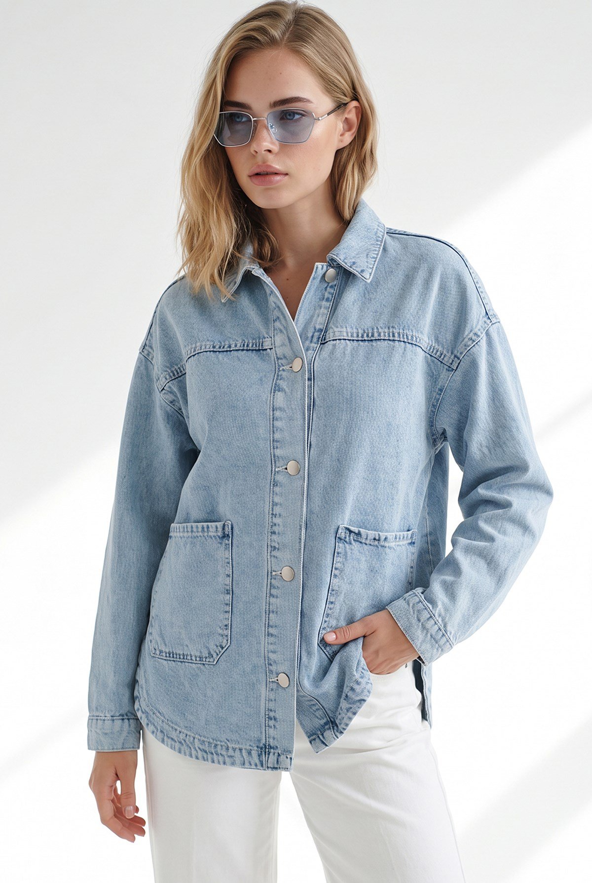 Cepli Düğmeli Denim Ceket Mavi